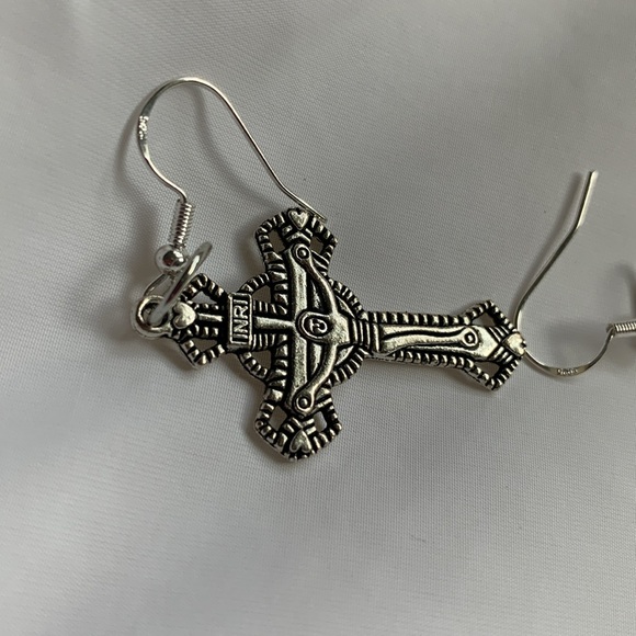 Crucifix Cross earrings Artisan sterling silver hooks pierced - Picture 2 of 6